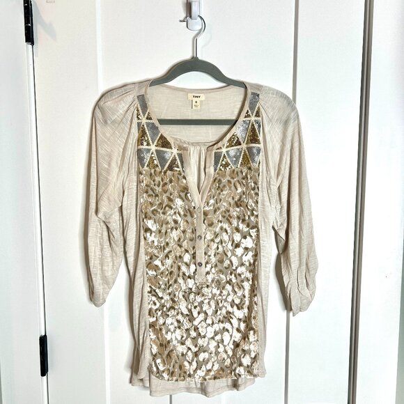 Anthropologie TINY Sequin Crushed Velvet Animal Print Henley Top Size Small - Picture 1 of 4